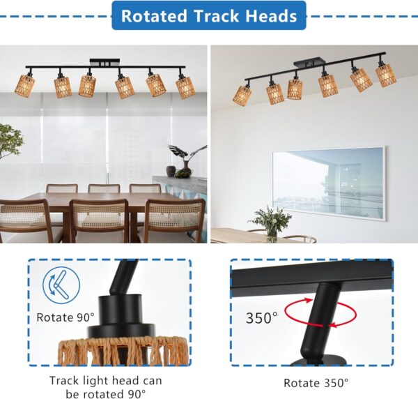 MELUCEE Ceiling Track Lighting Kits 6 Light Farmhouse Bathroom Light Fixtures with Flexibly Rotatable Light Head, Black Spotlights with Rattan Lamp Shade for Hallway Porch Foyer Bath - Image 4