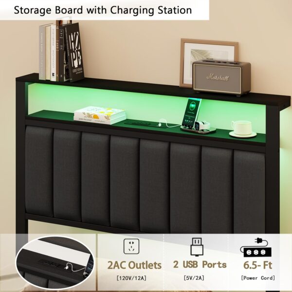Furnulem Twin Size Bed Frame with Charging Station and LED Lights, Platform Bed with Metal Slats, Grey Upholstered Headboard with 2-Tier Storage Shelves, No Box Spring Needed - Image 7