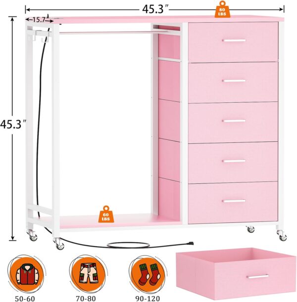 Cyclysio Dresser for Bedroom with Clothes Rack, 5 Drawers Dresser with Charging Station & LED Lights, Black Storage Chest of Drawers with Wheels, Wooden Top, Lockable Wheels, Bedroom, Closet, Pink - Image 2