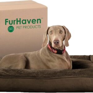 Furhaven Pillow Dog Bed for Large Dogs w/ Removable Bolsters & Washable Cover - Plush & Suede Sofa - Espresso, Jumbo/XL