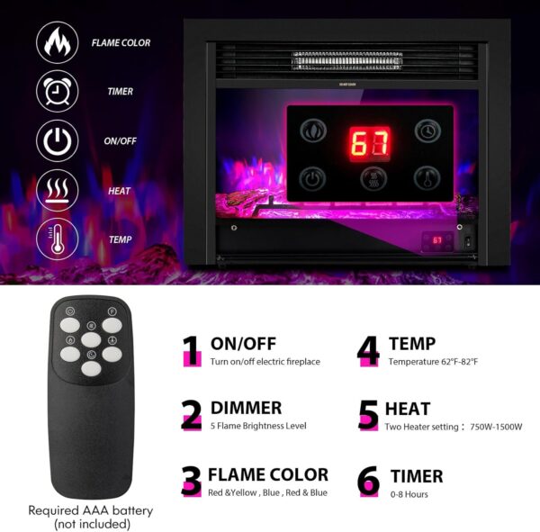 LDAILY 28" Electric Fireplace, Wall Mounted/Recessed Electric Fireplace Heater with Remote, 3-Color Adjustable Flame, 5 Brightness, 8 H Timer, 750/1500W Freestanding Electric Fireplace Inserts, Black - Image 4