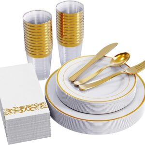 FOCUSLINE 175pcs Gold Dinnerware Set for 25 Guests, White Plastic Plates with Gold Rim, Including 25 Disposable Dinner Plates, 25 Dessert Plates, 25 Silverware Set, 25 Cups, 25 Napkins