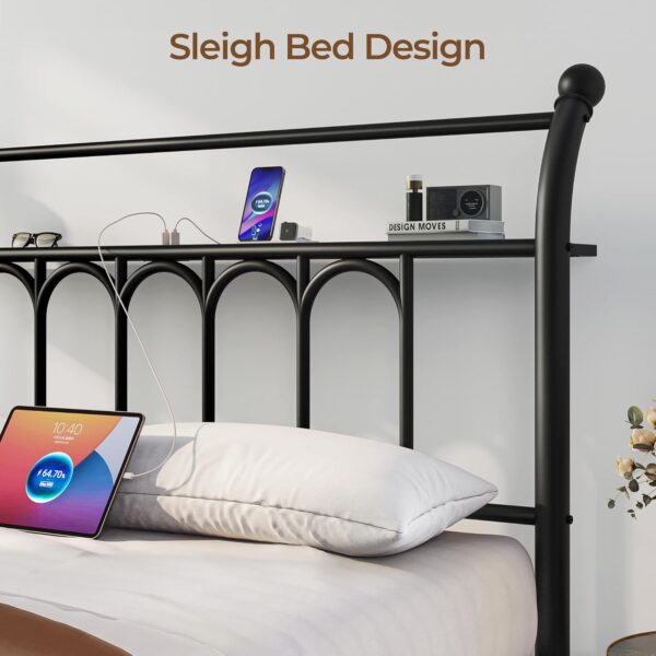 Rolanstar Full Bed Frame with USB Charging Station, LED Bed Frame with Storage Headboard, 14 Inch Black Metal Platform Bed with Sleigh Headboard and Footboard, No Box Spring Needed, Noise Free - Image 5