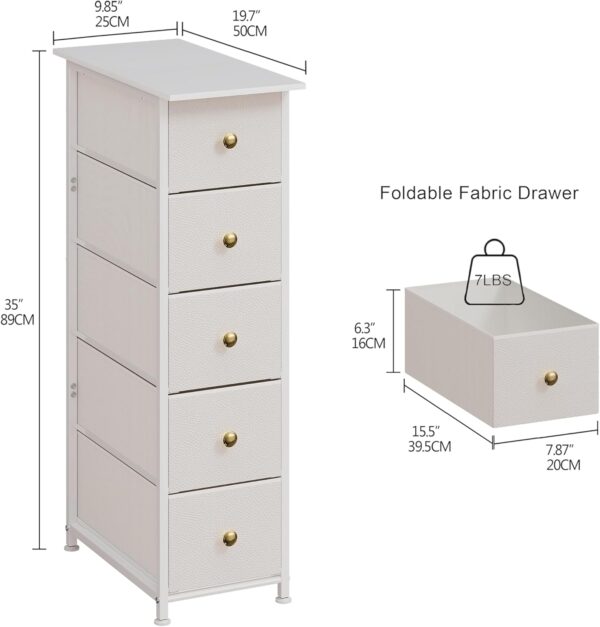 Narrow Dresser Thin Cabinet Tall Slim Dresser Drawers Skinny Storage Tower for Small Spaces Gaps Bedroom Bathroom with Small Drawer Unit (White, 5 Drawers) - Image 3