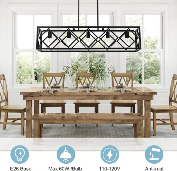 BONLICHT ‎Transitional 5 Light Farmhouse Chandelier Industrial Large Black Kitchen Island Linear Pendant Lights Modern Rectangle Dining Room Lighting Fixtures Hanging Metal Cage Ceiling Lamp for Bar - Image 2