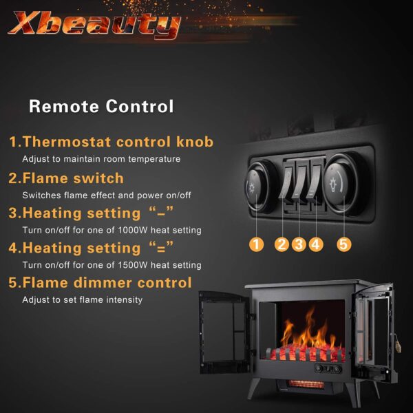 Xbeauty Electric Fireplace Stove, Freestanding Fireplace Heater with Realistic Flame, Indoor Electric Stove Heater, Portable, Infrared, Thermostat, Overheating Safety System, 1000W/1500W(23 Inch) - Image 7
