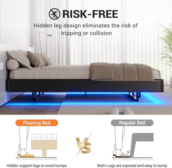 DICTAC Floating Queen Bed Frame with LED Lights Modern Upholstered Platform Bed Frame Queen Size no Headboard Faux Leather Queen Led Visual Floating Bed,No Box Spring Needed, Easy to Assemble,Black - Image 7