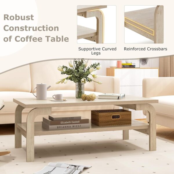 Giantex 2-Tier Coffee Table with Storage, 47” Mid Century Rectangle Accent Table with Open Shelf, Large Tabletop & Curved Legs, Rustic Style Wood Cocktail Table, Center Table for Living Room, Natural - Image 6