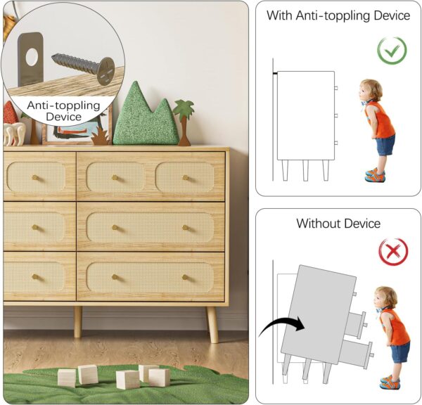 Rattan 6 Drawer Dresser for Bedroom, Wood Boho Double Chest of Drawers with Storage and Gold Handle, Modern Natural Rattan Dresser for Living Room, Hallway, Entryway - Image 5