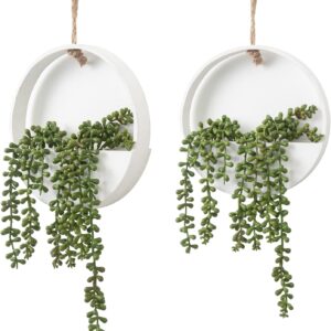 CEWOR Artificial Succulents Hanging Plants 2pcs Fake String of Pearls in Pot with Lanyard for Indoor Outdoor Wall Boho Wall Decor