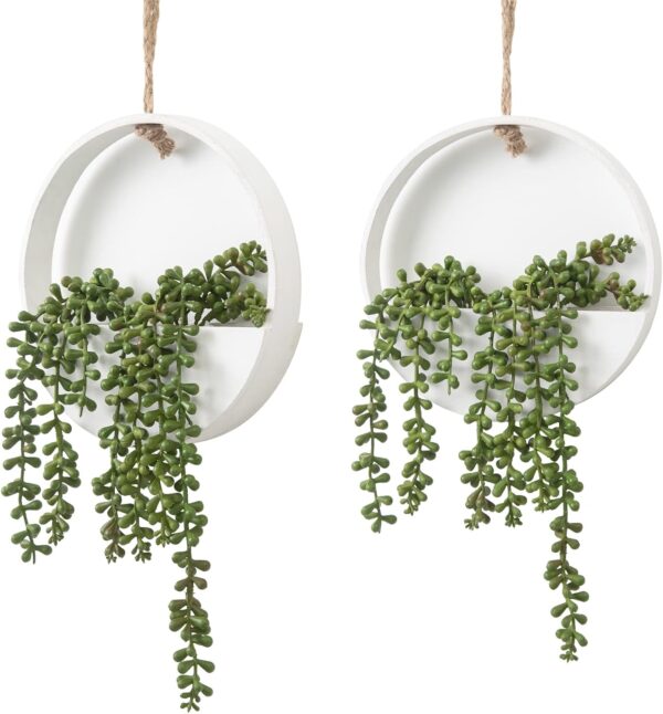 CEWOR Artificial Succulents Hanging Plants 2pcs Fake String of Pearls in Pot with Lanyard for Indoor Outdoor Wall Boho Wall Decor