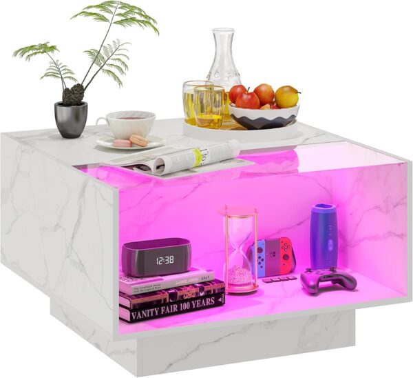 HOME BI LED Coffee Table for Living Room, Center Table with 2 Storage Glass Drawers for Game Night, Unique 16 Colors LED Lights Wood Coffee Tables, White - Image 7