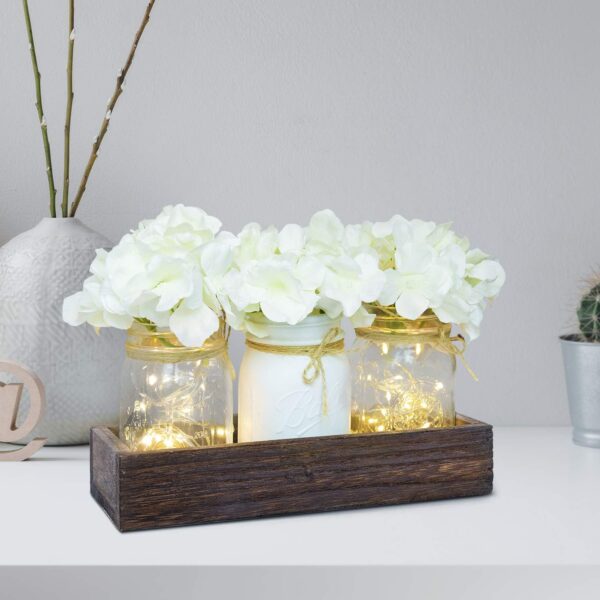 Fowecelt Mason Jar Lights Table Centerpiece Decoration for Dining Room Living Room Kitchen Table Decor Wood Tray with 3 Mason Jars Flowers Farmhouse Coffee Centerpieces Table Decor - Image 5