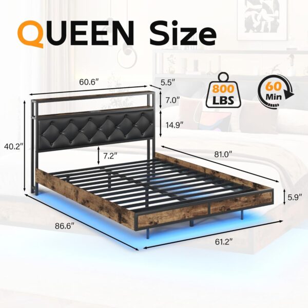 HISOFT Floating Queen Bed Frame with 2-Tier Storage Headboard, Metal Queen Bed Frame with Charging Station & LED, Faux Leather, No Box Spring Needed, Noise Free, Easy to Assemble, Black Diamond - Image 2