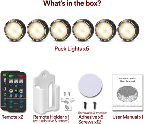LED Puck Lights with Remote Control, Battery Operated Wireless Closet Lights, Under Cabinet Lighting Stick on Tap Push Lights, Color Changing Under Counter Lights for Kitchen, 6 Pack - Black - Image 6