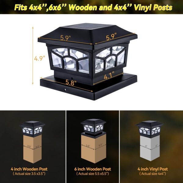 Solar Lights For Fence Post Cap Outdoor Deck Lights Solar Powered Waterproof 8 LEDs for 4x4/6x6 Wooden/Vinyl Posts Two Light Modes Warm/Cool White Decor for Garden Deck Patio. (Black, set of 2) - Image 3