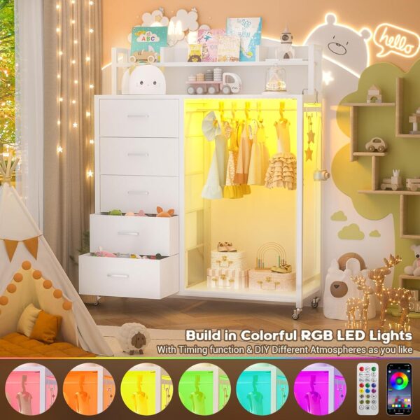 Cyclysio Dresser for Bedroom with Clothes Rack & Shelves, White 5 Drawers Dresser with Charging Station & LED Lights, Chest of Drawers with Lockable Wheels, Storage Shelves, Bedroom, Closet,Entryway - Image 3