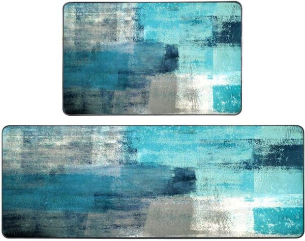 Rugs for Kitchen Floor,TOMWISH Abstract Area Rug Turquoise and Grey Abstract Art Painting 17"X48"+17"X24" Non-Slip Kitchen Rug Set for Kitchen Dining Room,Floor Home,Office,Sink,Laundry