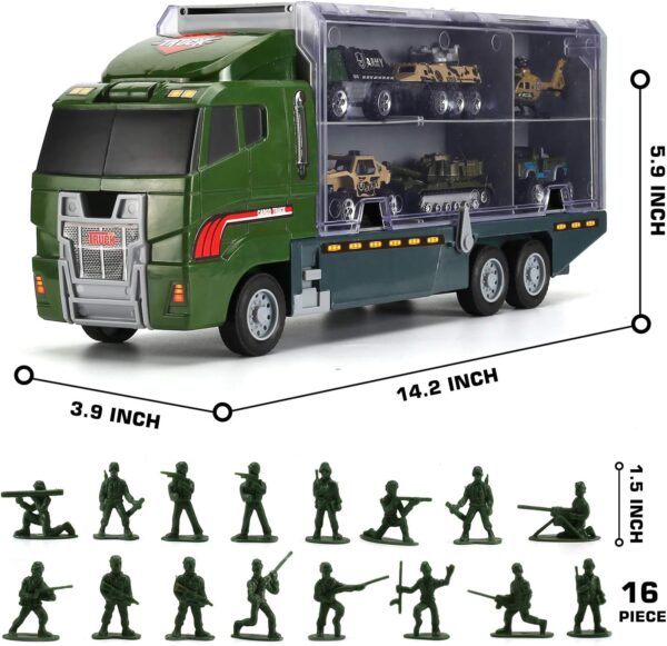 26 Pcs Military Truck with Soldier Men Set(2 in 1), Mini Die-cast Battle Car in Carrier Truck, Army Toy Double Side Transport Vehicle for Kid Child Girl Boy Play Birthday Party Favors - Image 2
