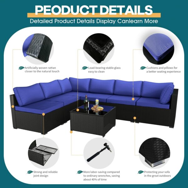 7 Pieces Patio Furniture Set - Outdoor Sectional Wicker Rattan Furniture with Cushion and Glass Table Patio Conversation Sets for Porch Poolside Backyard Outdoor Sofa Set Modular Sofa - Image 4