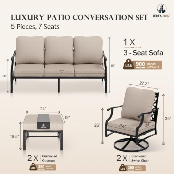 HERA'S HOUSE 5 Piece Patio Furniture Set, 2 x Swivel Chair, 2 x Ottoman, 1 x 3-Seat Sofa, All Cushioned 7 Seats Outdoor Conversation Set for Lawn Garden Backyard - Image 6