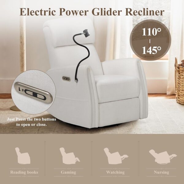 COLAMY Power Swivel Glider Recliner Chair, Nursery Rocking Chair, Living Room Chair, 270° Swivel 145° Recliner Chair with Built-in Charging Ports for Living Room, Apartment, Home, White - Image 5