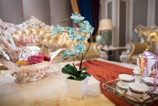 15 Inches Tall Artificial Silk Phalaenopsis Orchid Flower Plant Pot Teal Arrangements (Golden Blue) - Image 3