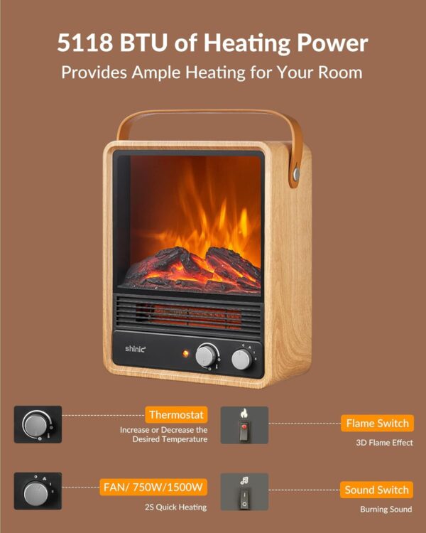 Shinic Portable Electric Fireplace Heaters with Crackling Sound & Realistic Flame,1500W/750W Space Heater, Safety Protection, Portable Fireplace Heater for Indoor UseHome Office Christmas Decoration - Image 4