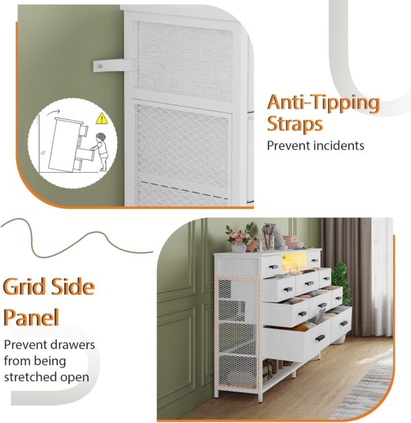 White Dresser for Bedroom with 10 Drawers, Dresser with Charging Station, TV Stand Dresser with LED Light for 55" TV, Fabric Drawer Dresser with PU Finish, Dresser with Shelves for Closet - Image 7