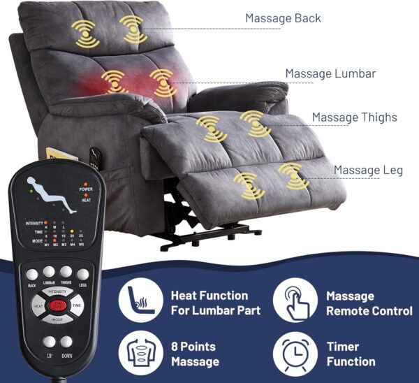 Power Lift Recliner Chair with 8 Points Massage and Heating Functions Electric Lift Fabric Couch for Elderly Up to 300Lbs Living Room Sofa with Side Pocket - Grey, Large - Image 4