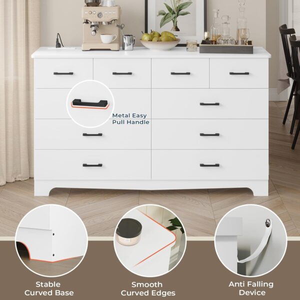 DICTAC White Bedroom Dresser with 10 Drawers, Large Chest of Drawers Storage Organizer, Long Dresser TV Stand with Power Outlets, Wide Dresser for Bedroom, Living Room (55.1" W x 32.3" H x 15.8" D) - Image 5