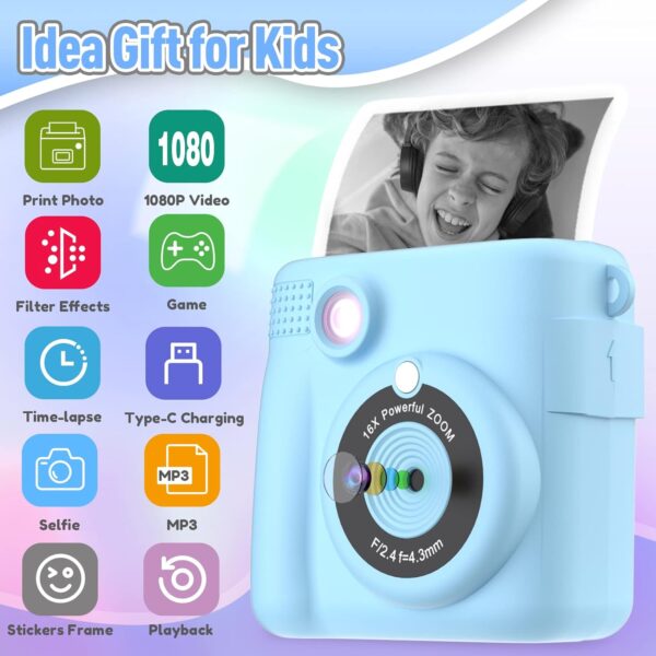 Kids Camera Instant Print, Christmas Birthday Gifts for Kids Age 3-12, Selfie Digital Camera with 1080P Videos,Toddler Portable Travel Camera Toy for 4 5 6 7 8 9 Year Old Boys Girls-Blue - Image 2