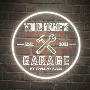 Custom Garage Neon Sign, Personalized Name Neon Garage Light Sign, Wall Décor Light Up Man Cave LED Neon Sign for Garage, Men, Dad Gift, 16x16” Round (Garage Neon Sign 2)
