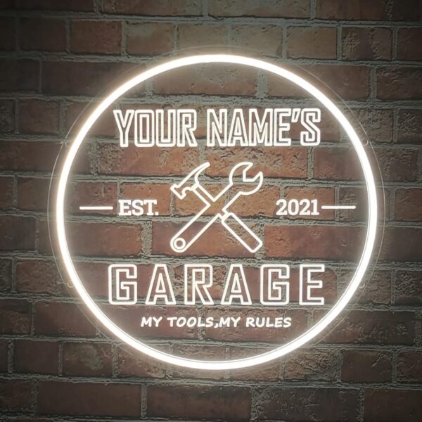 Custom Garage Neon Sign, Personalized Name Neon Garage Light Sign, Wall Décor Light Up Man Cave LED Neon Sign for Garage, Men, Dad Gift, 16x16” Round (Garage Neon Sign 2)