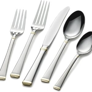 Mikasa, Gold Accent Harmony Flatware Service for 12, 65 Piece Set, 18/10 Stainless Steel, Silverware Set with Serving Utensils