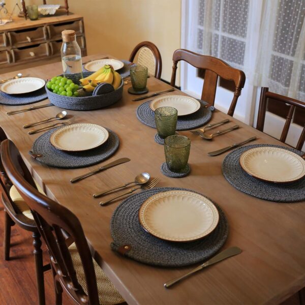 AHHFSMEI Round Woven Placemats Set of 6,13 inches Natural Cotton Blend Farmhouse Hand-Woven Place Mats Braided Rattan Table Mats for Dining Table (Grey) - Image 7