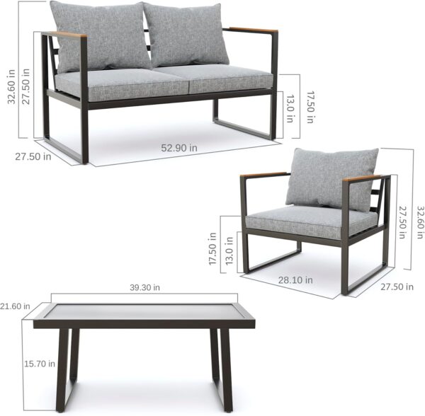 EAST OAK Patio Furniture Set, 4-Piece Outdoor Patio Set with Sofa, Removable & Washable Deep Seating Cushion, Tempered Glass Table, Outside Patio Conversation Sets, Light Gray & Black - Image 6