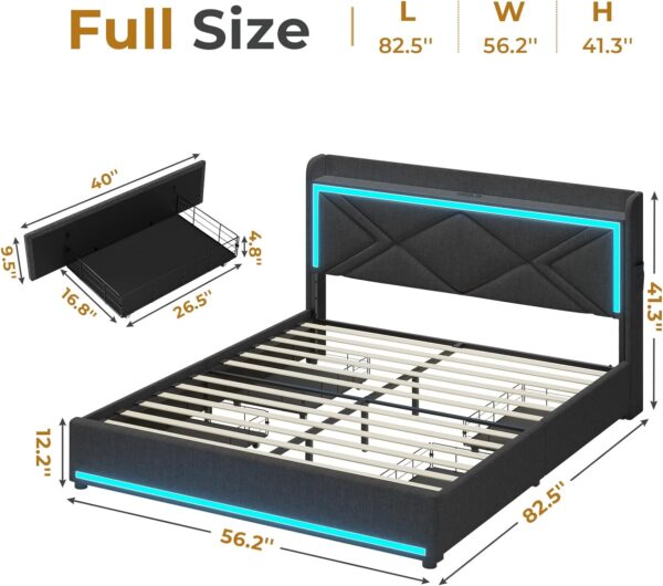 LED Full Bed Frame with Storage Headboard, Modern Upholstered Platform Bed with Type-C & USB Charging Station and 4 Drawers, Solid Wooden Slats, No Box Spring Needed, Dark Grey - Image 2