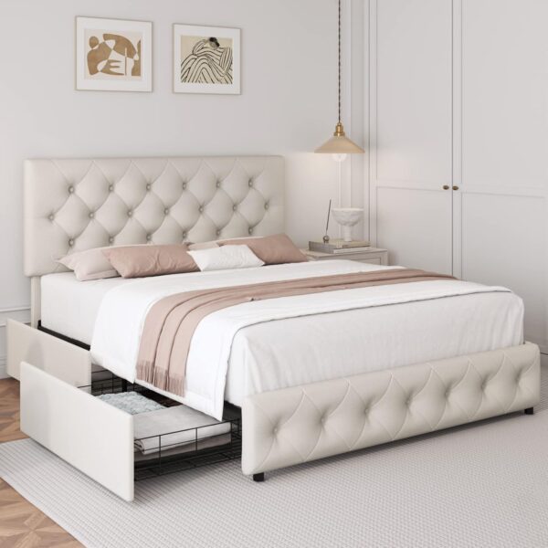 Queen Bed Frame with 4 Storage Drawers and Adjustable Headboard, Upholstered Platform Bed with Button Tufted Design, Strong Wooden Slats Support, No Box Spring Needed, Fabric, Cream - Image 5