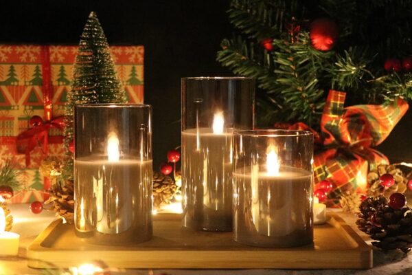 GenSwin Gray Glass Battery Operated Flameless Led Candles with 10-Key Remote and Timer, Real Wax Candles Warm White Flickering Light for Home Decoration(Set of 3) - Image 2