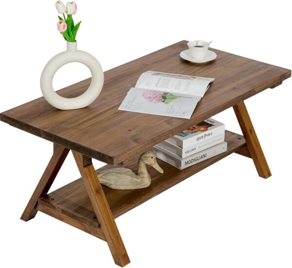 Solid Wood Coffee Table - 42.5” Firwood Farmhouse Rustic Wooden Coffee Tables for Living Room, Solid Firwood Rectangle Coffee Table, Center Table for Living Room, Brown - Image 6