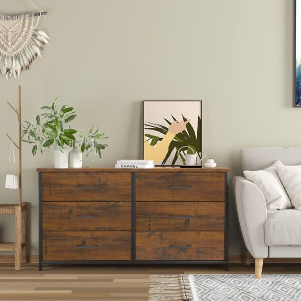 IKENO 6 Drawer Double Dresser, Industrial Wood Dresser for Bedroom, Storage Cabinet with Sturdy Steel Frame - Image 6