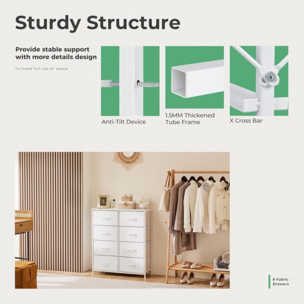 DUMOS Dresser for Bedroom with 8 Fabric Drawers, Tall Chest Organizer Units for Clothing, Closet, Kidsroom, Storage Tower with Cabinet, Metal Frame, Wooden Top, Lightweight Nursery Furniture, White - Image 7