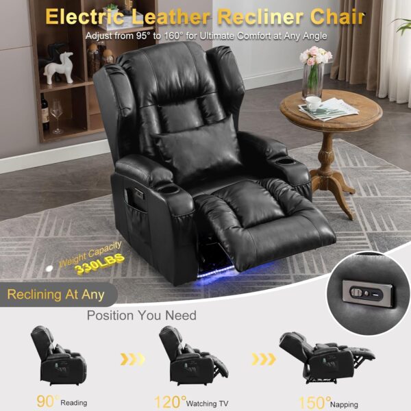 IPKIG Power Recliner Chair with LED Lights - Faux Leather Electric Home Theater Seating Movie Reclining Chairs with Lumbar Pillow/USB Port/Side Pockets/Cup Holders for Living Room, Movie Room (Black) - Image 4