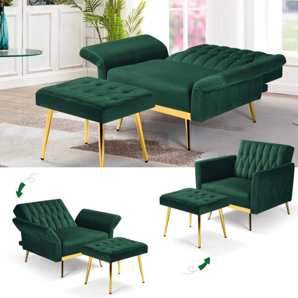 Velvet Accent Chair with Adjustable Armrests and Backrest, Button Tufted Lounge Chair, Single Recliner Armchair with Ottoman and Pillow for Living Room, Bedroom, Green - Image 4