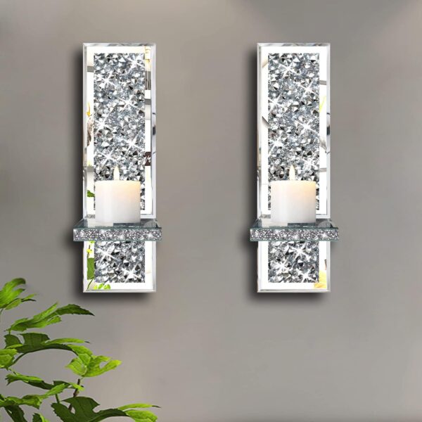 Set of 2 Crystal Crush Diamond Candle Sconces, Gorgeous Silver Mirrored Wall Sconce, Candle Holder Glass Wall Decorations for Home Décor, Living Room, Dining Room. - Image 2