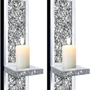 Set of 2 Crystal Crush Diamond Candle Sconces, Gorgeous Silver Mirrored Wall Sconce, Candle Holder Glass Wall Decorations for Home Décor, Living Room, Dining Room.