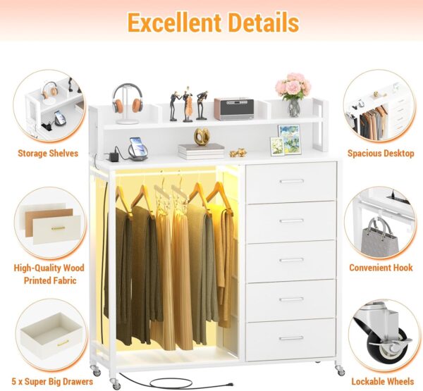 Cyclysio Dresser for Bedroom with Clothes Rack & Shelves, White 5 Drawers Dresser with Charging Station & LED Lights, Chest of Drawers with Lockable Wheels, Storage Shelves, Bedroom, Closet,Entryway - Image 6