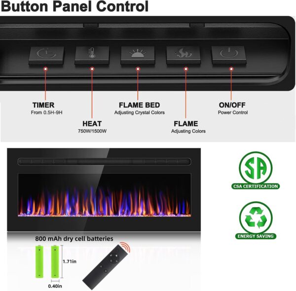 50" Electric Fireplace Upgrade Electric Fireplace Heater Recessed & Wall Mounted, 750/1500W Linear Fireplace Electric Fireplace Insert with 12 Adjustable Flame Colors, Bracket, Timer, Remote Control - Image 4