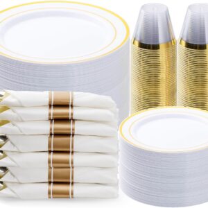 350PCS Gold Plastic Dinnerware Set, Disposable Party Plates for 50 Guests, Include: 100 Plastic Plates, 50 Pre Rolled Napkins with Gold Silverware, 50 Cups